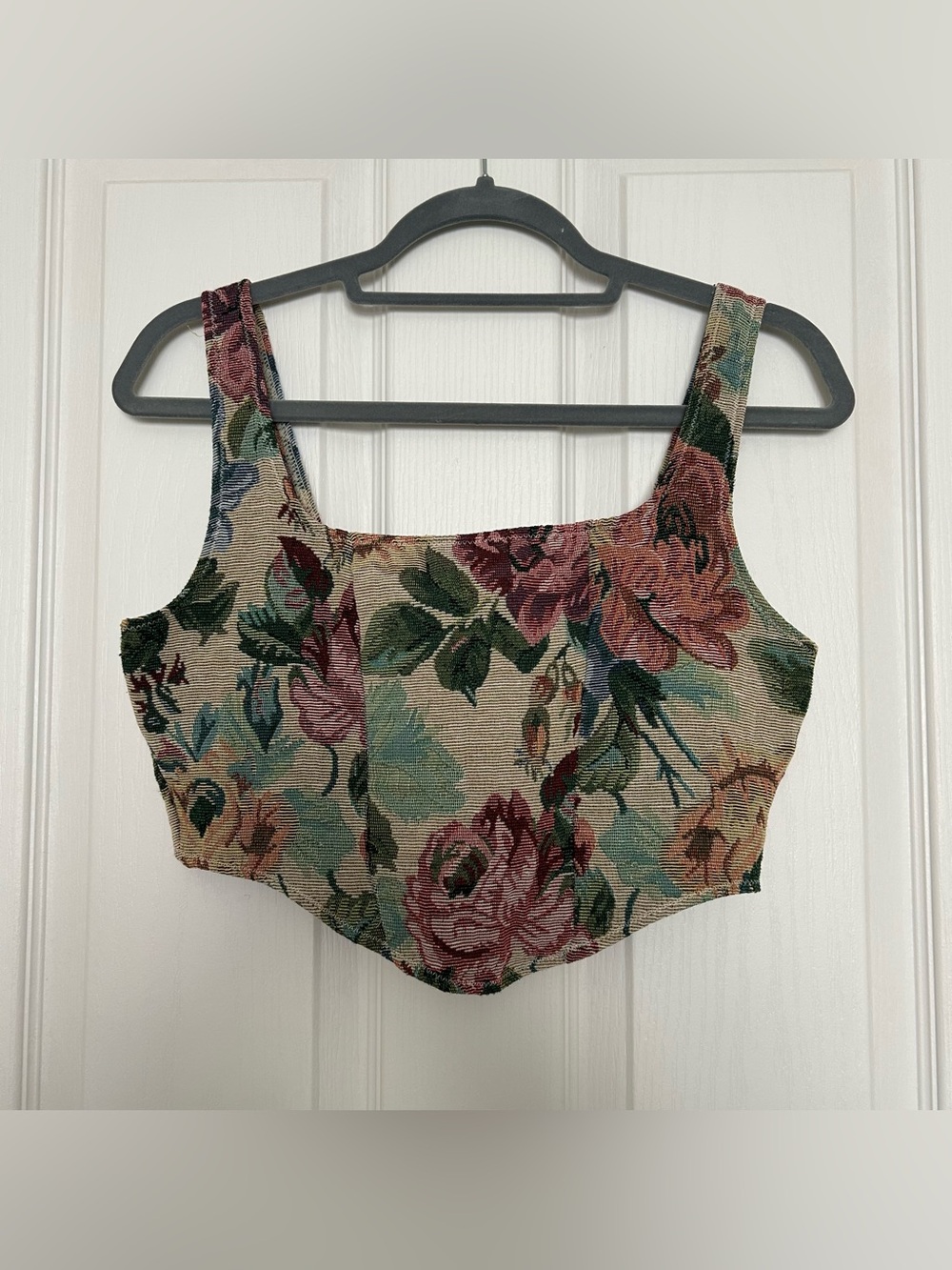 Fashion Nova Floral Tapestry Crop Top in Beige Pink Green